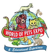 Promotional graphic for the world of pets expo featuring a variety of illustrated pets and animals against a globe backdrop.