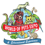 Promotional graphic for the world of pets expo featuring a variety of illustrated pets and animals against a globe backdrop.
